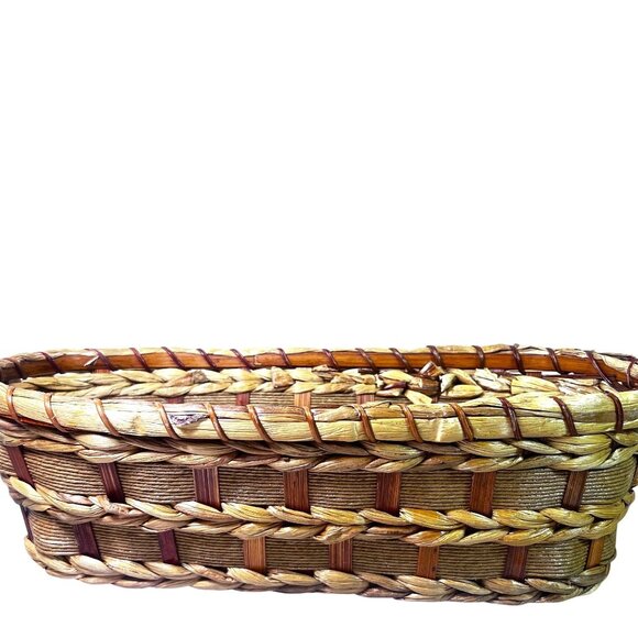 Vtg Woven Oval Basket Natural Mixed Media Rustic Storage Decor CabinCore - Picture 1 of 8